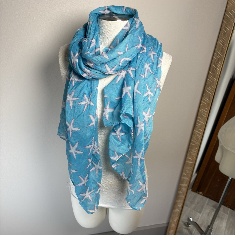 LOOK Womens OS Blue Scarf Coastal Starfish Print 70" x 30" Cotton Viscose FLAW
